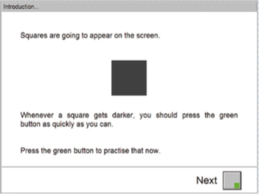 Зараз на екрані з’являться квадрати Як тільки квадрат почне темнішати, одразу ж натисніть зелену клавішу, не зволікайте. Зараз, натисніть зеленю клавішу для практики.